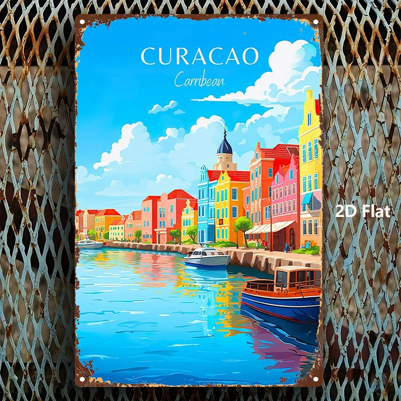 2D Flat, 1pc Curacao Caribbean Coast Metal Wall Art Sign - Turquoise Waters & Colorful Dutch Caribbean Island Buildings