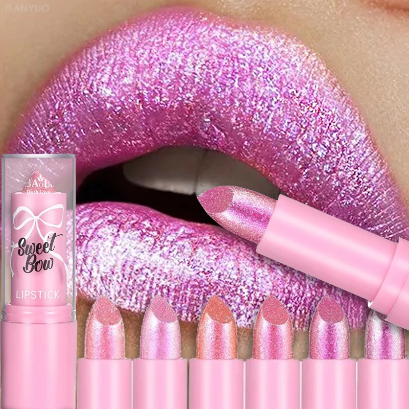 Velvet Pearl Pink Lipstick Metallic Diamond Shimmer Shine Lip Gloss Moisturizing Luxurious Lasting Lips Radiant Makeup Cosmetic