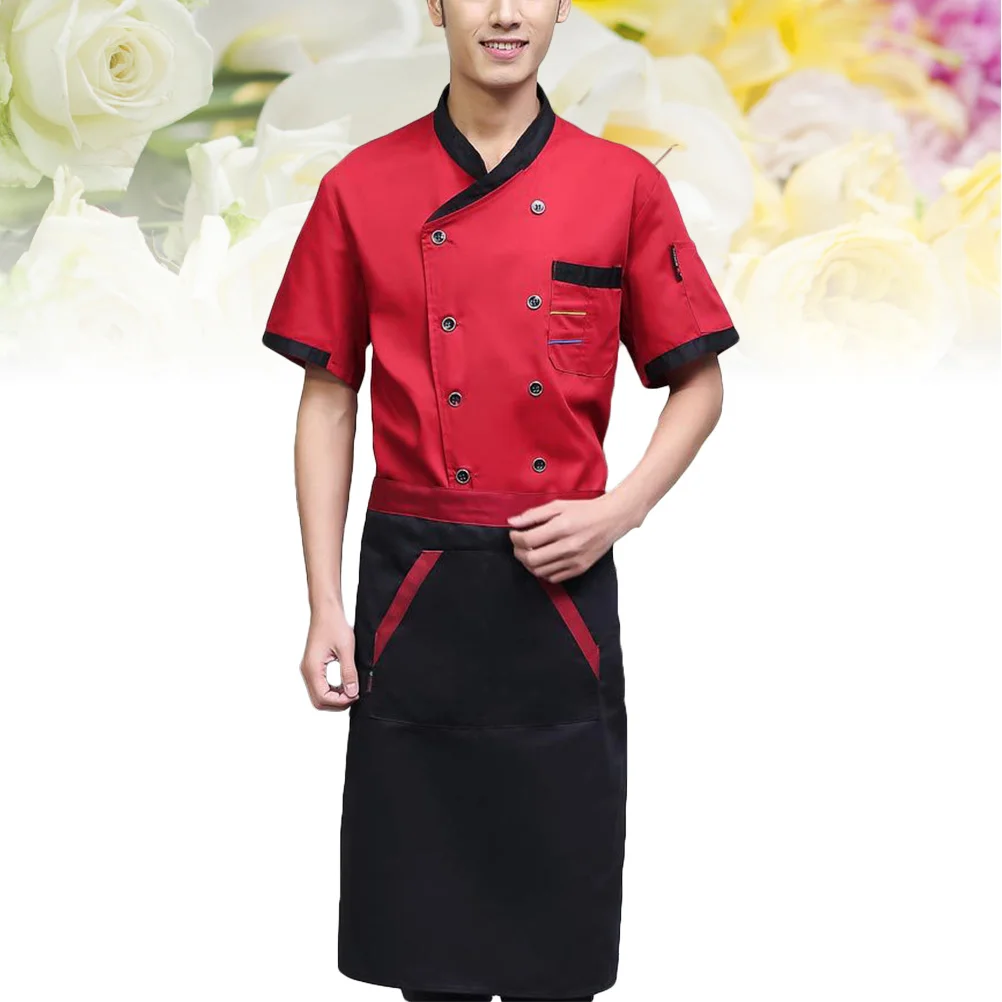 Unisex koksjas met korte mouwen L Wijnrood Premium materiaal Ademend Oliebestendig Gemakkelijk te wassen Praktische keukenbenodigdheden
