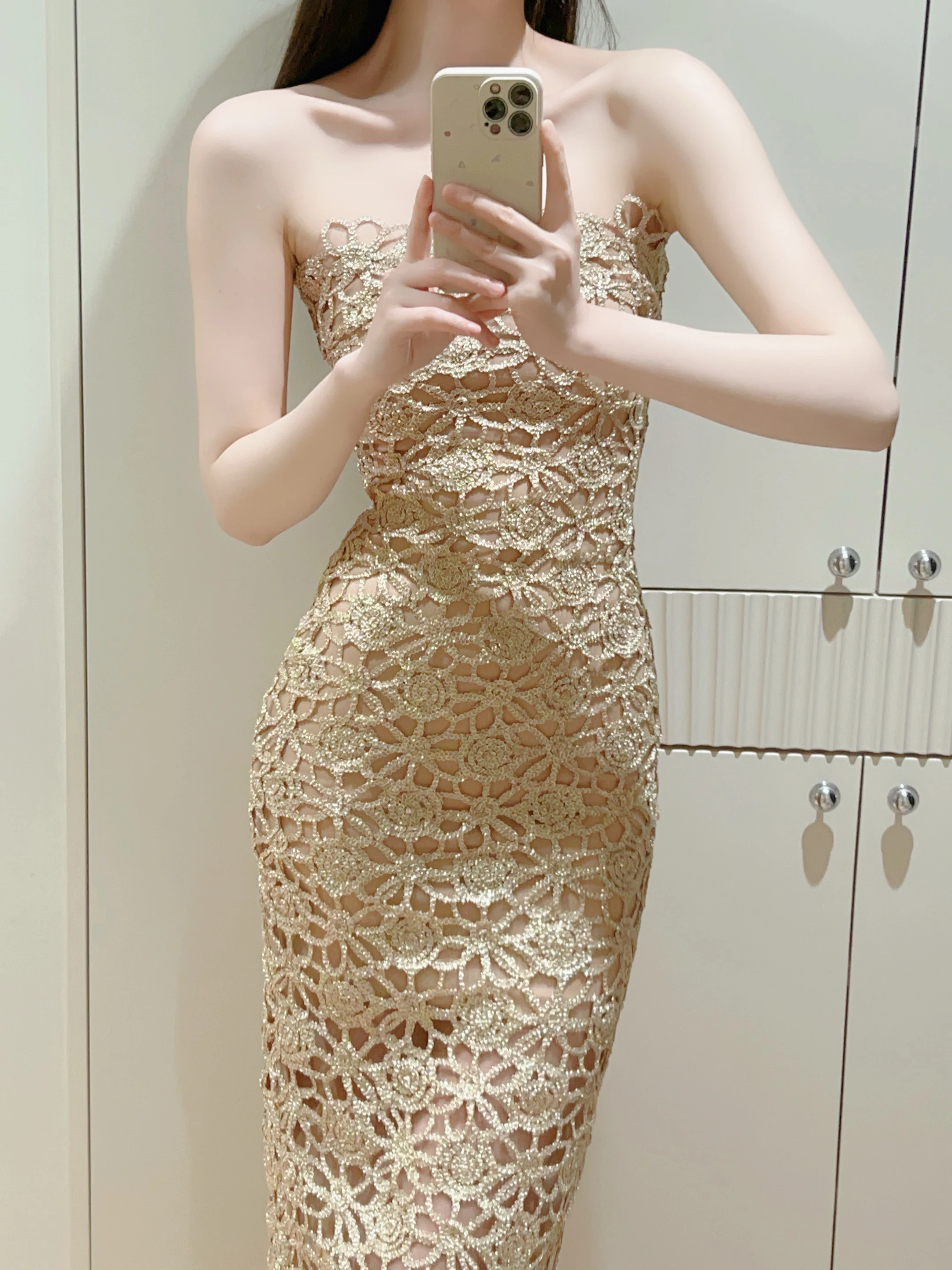 

Ele Hollow out Lace Slim Fit Long Dr Korean Sle High Waist Zipper Bal mid Length Single Color Evening Gown