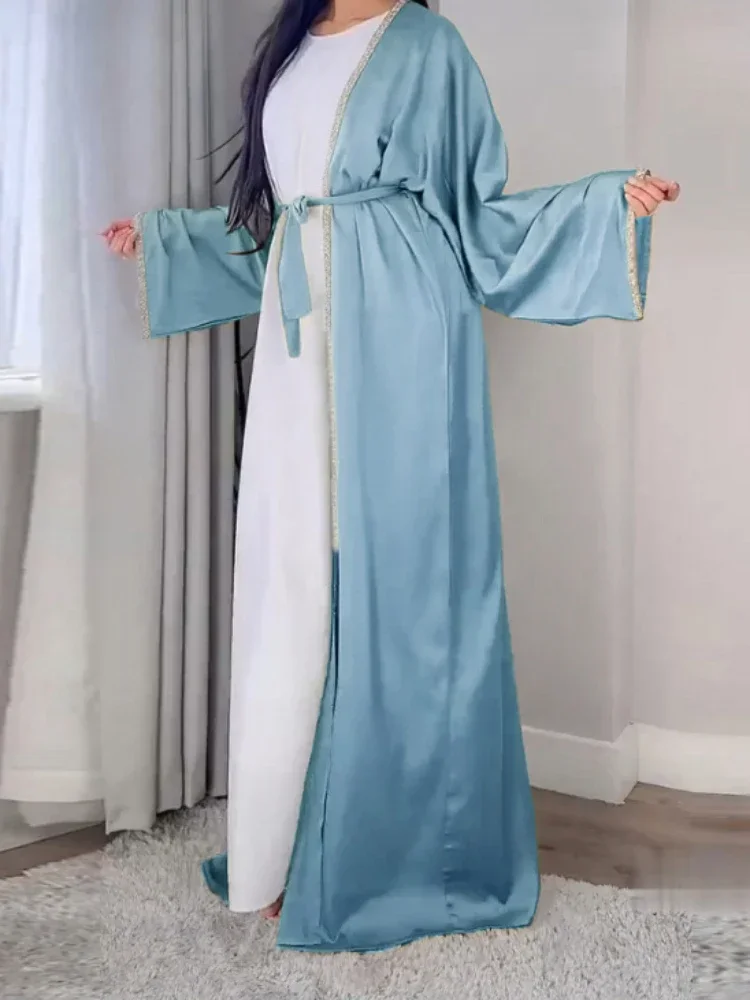 Modest Satin Abaya Kimono Muslim Party Dress Diamond Abayas for Women Dubai Luxury Turkey Outwear Islam Kaftan Femme Musulmane