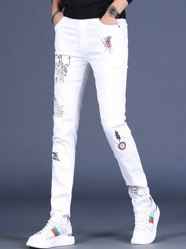 Trendy Embroidered White Jeans Elastic Slim Fit Casual Popular Men's Long Pants Stylish Straight Leg Jeans Youth All Seasons
