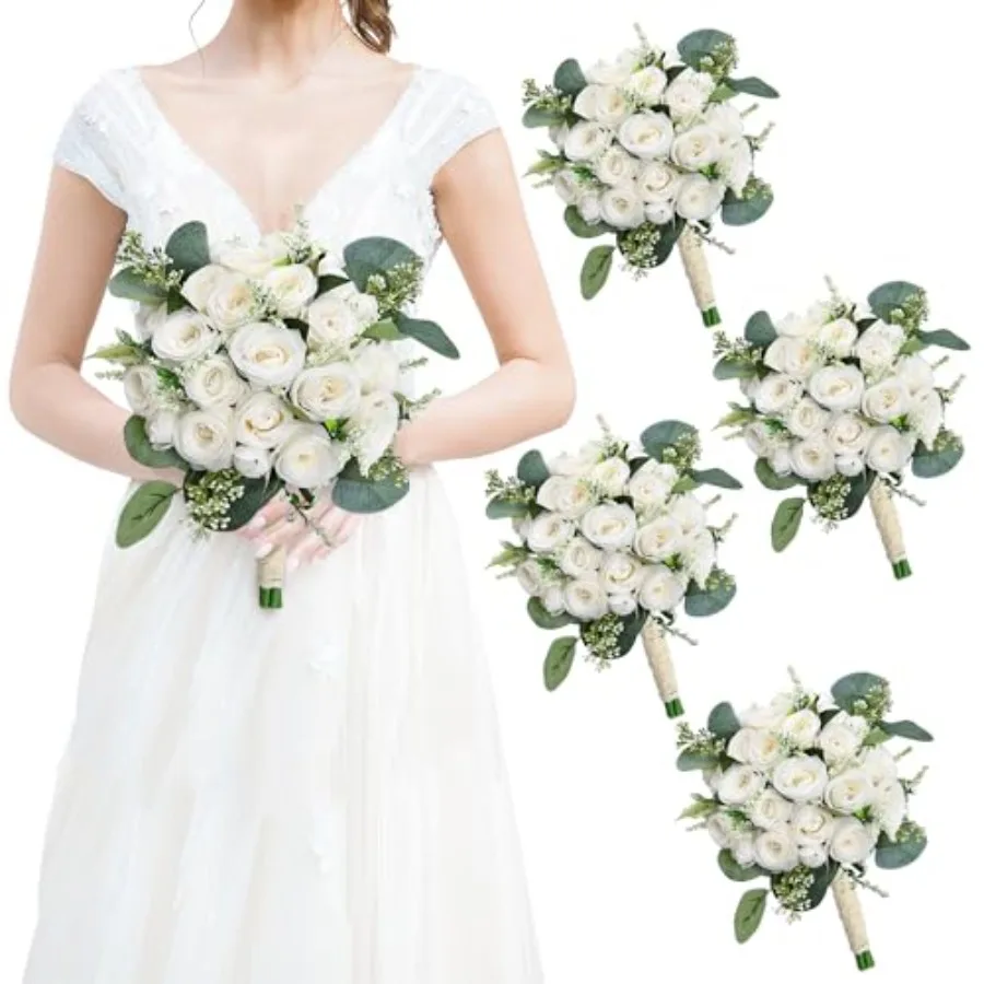 

Bridesmaids for Wedding - Realistic Artificial Rose Eucalyptus Silk Bride Flowers for Bridal Shower Ceremony Decorations