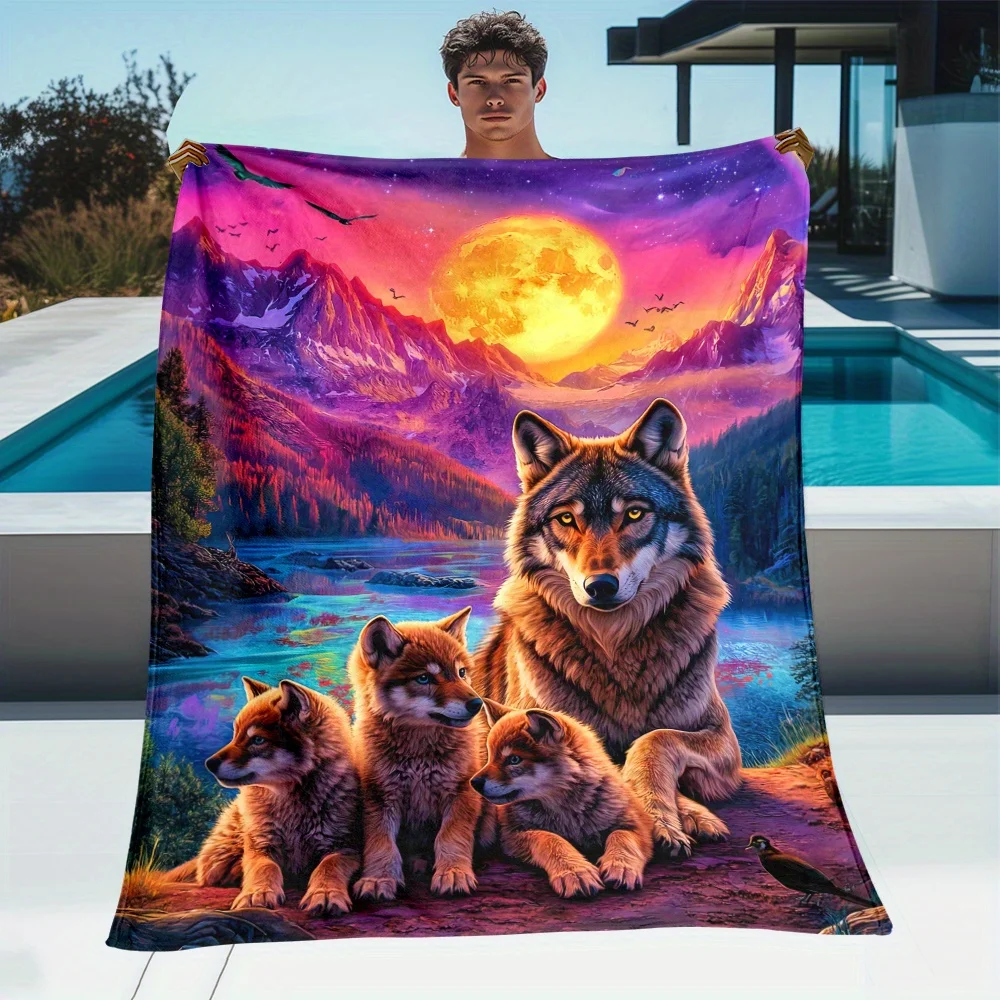 Decorative Galaxy Wolf Print Throw Blanket Plush Fleece Cozy Wrap Sofa Bed Decor Bohemian Fall Winter Gift Idea