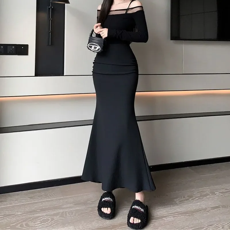 High-waisted Skirt for Women in 2025 Autumn New Korean Style Slim Solid Versatile Black Mid-length Hip Fishtail Skirt