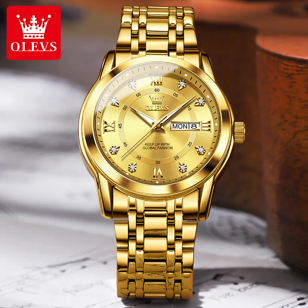 OLEVS Quartz Watch for Men Luxury Diamonds Gold Watch Waterproof Luminous Stainless Steel Business Men's Quartz Watch Mens Watch