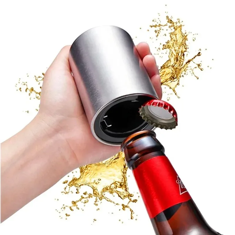 Abridor automático de botellas de cerveza de acero inoxidable, sin tapa desplegable, fácil de abrir para botellas de vidrio de cerveza y refrescos, abridor de cocina