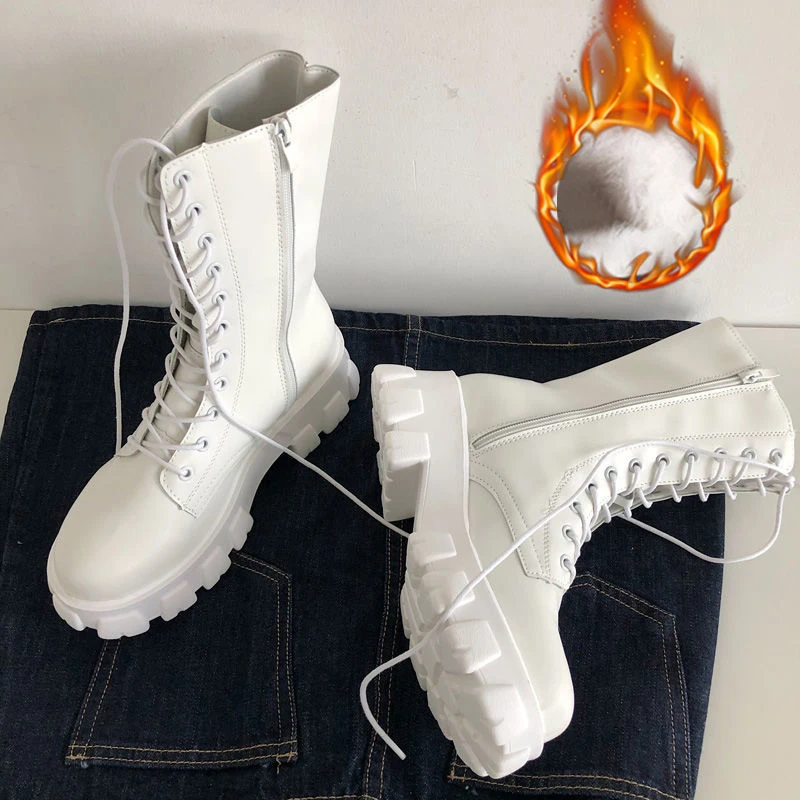 NONE Neue Mittlere Waden Stiefel Frauen Herbst Winter Mode Lace-up Damen Chelsea Zipper Botas Mujer Stiefel Sport Plattform Ferse damen Schuhe 5
