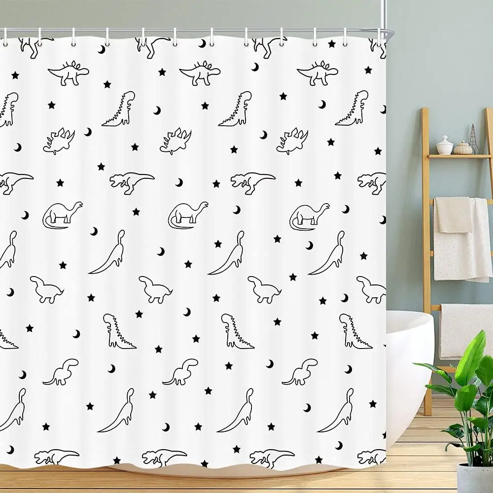 

Funny Kids Dinosaur Shower Curtain for Bathroom, Cute Black and White Dino Fabric Shower Curtains Set, Boys Restroom Decor