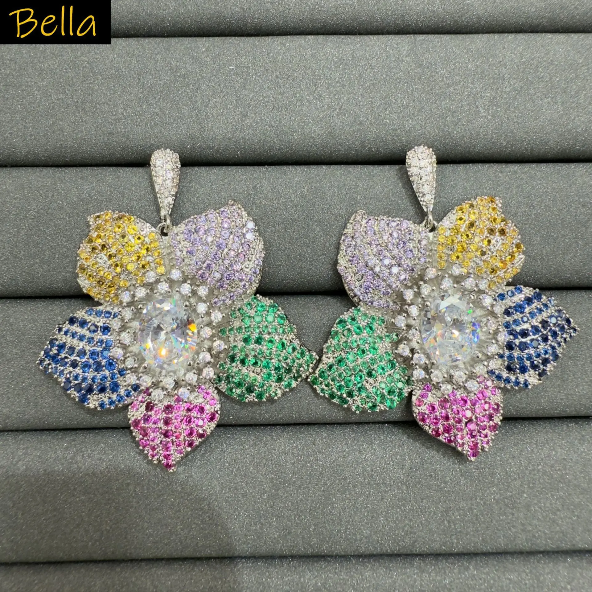 

flower earrings and ring for women luxury jewelry shiny multicolor zircon blue green yellow pink petals floral earrings party
