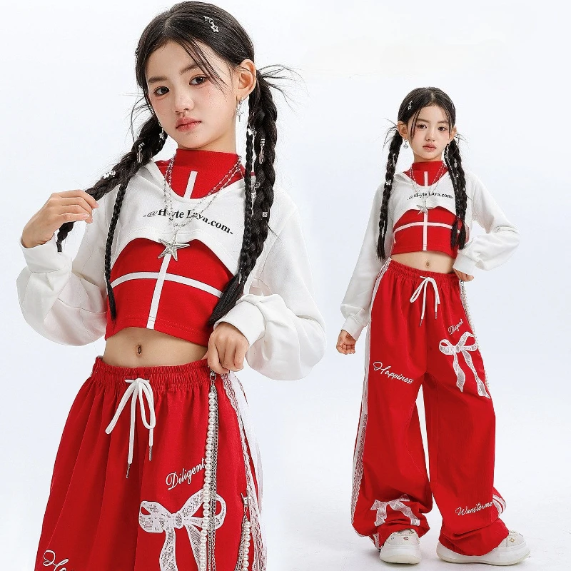 

Новый костюм для джазовых танцев в стиле K-pop для девочек: модный комплект для выступлений, белые топы с капюшоном, красные брюки, групповые наряды в стиле хип-хоп, сценическая одежда