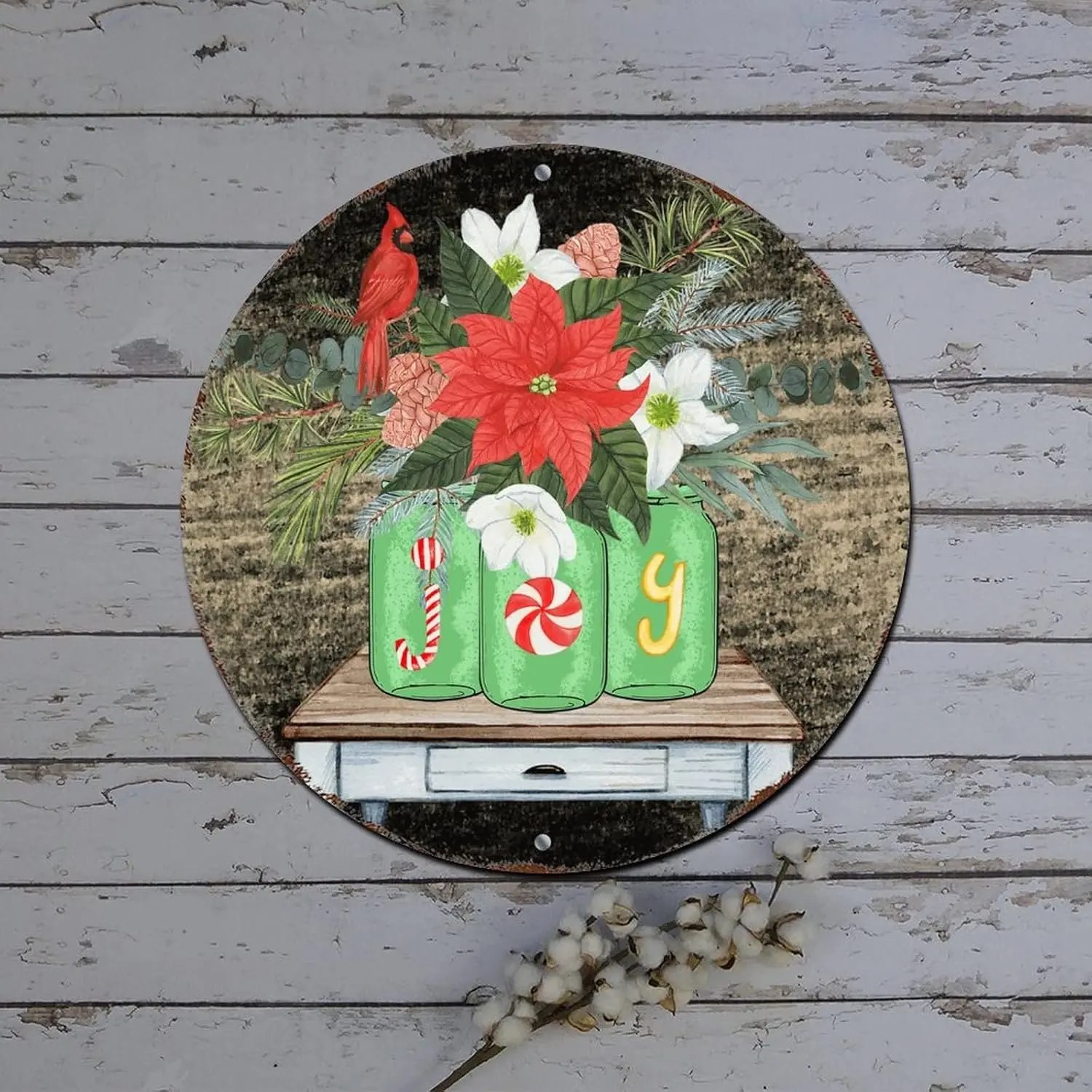 Metal Merry Christmas Sign Poinsettia Vase Joy Wood Grain Round Metal Tin Sign Christmas Cabinet Decorations Retro Plaque Metal