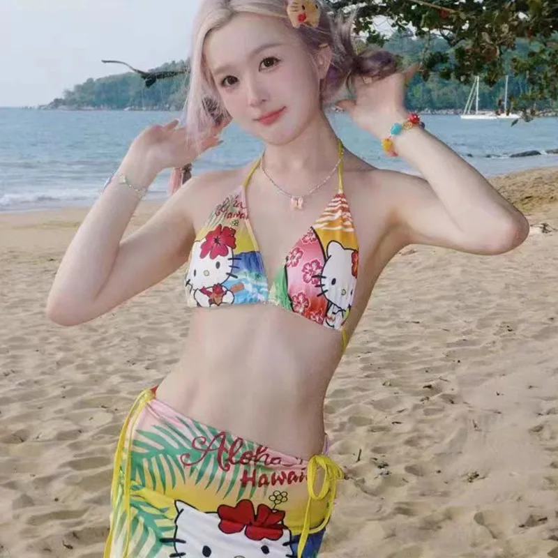 3-częściowy zestaw kostiumów kąpielowych Hello Kitty Sanrio Hawaii Split Strój kąpielowy Kawaii Hot Girl Reasts Push Up Bikini Beach Wear Surfing