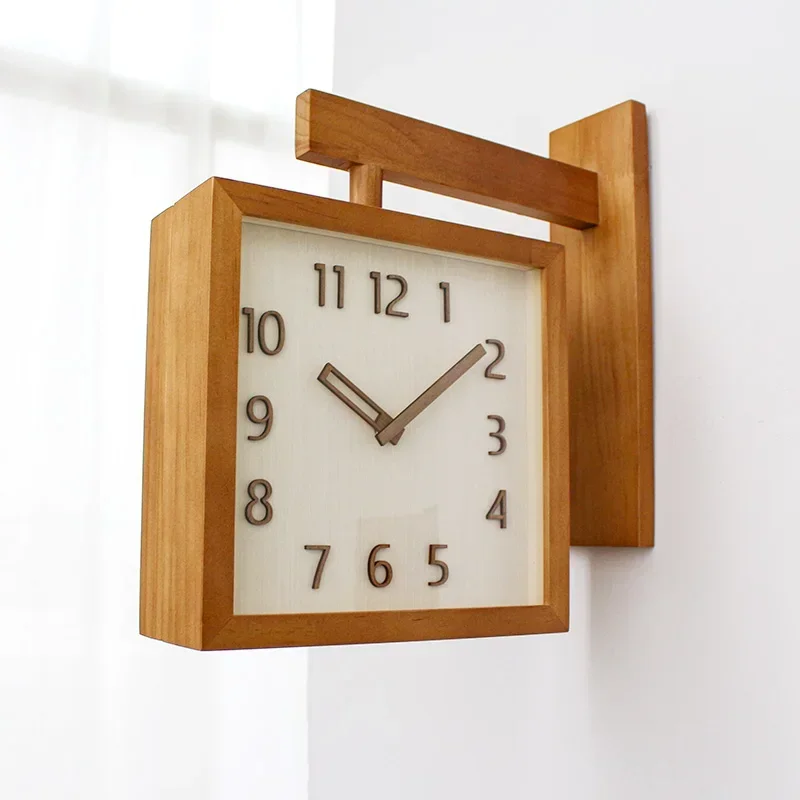 Fashion Simple Corner Clock Silent Double Sided Wall Clock Solid Wood Living Room Decorative Clock Modern Home Wall Decoration