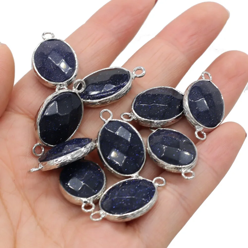 2pcs/lot Natural Blue Sand Stones Pendant Connectors Charms Oval Pendant Connectors for Women Jewelry Necklace Making 14x27mm