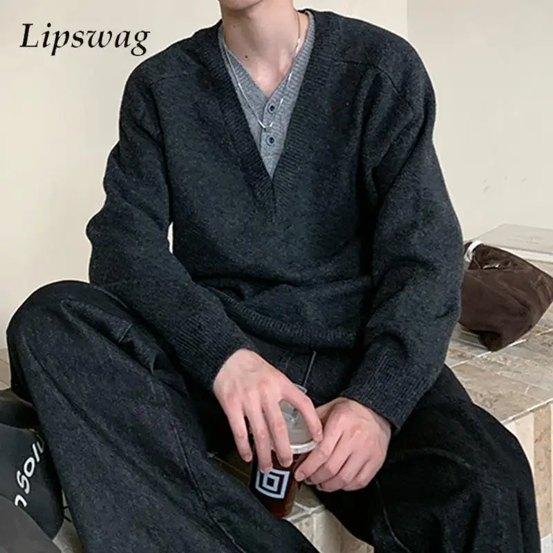 

Винтажный лоскутный двухслойный свитер, мужской стильный вязаный джемпер с v-образным вырезом и длинными рукавами, топ, мужская весенне-осенняя модная вязаная футболка