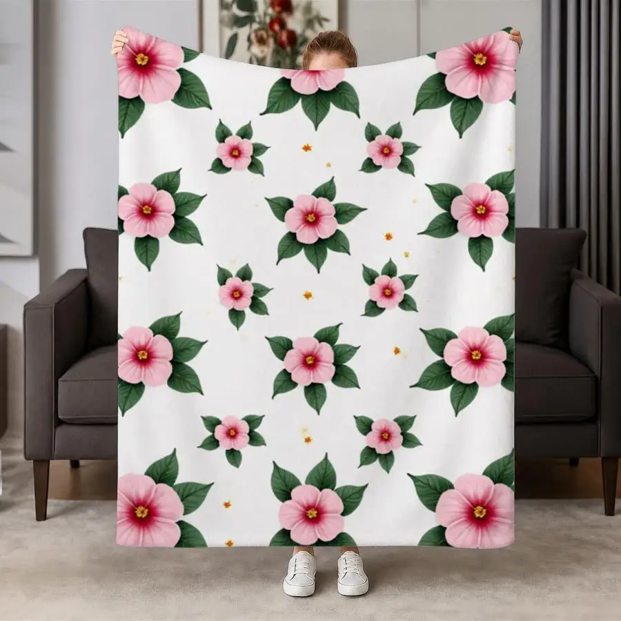 Soft Pink Hibiscus Floral Flannel Throw Blanket - Cozy Warm Fleece with Green Leaves on White, Ideal for Couch Bed Office Travel, Perfect Vintage Style Gift for Family & Friends 2D Flat Weighted Blanket 280GS