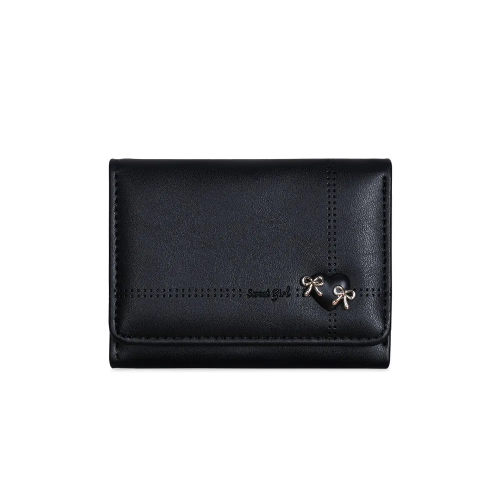 Heart-Shaped Bow Design Tri-fold Short Wallet Foldable Multiple Card Slots Money Bag Multipurpose PU Leather Credit Card Holder