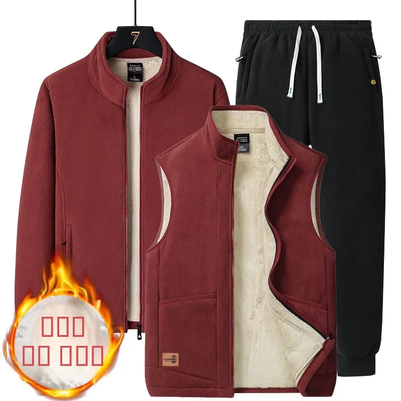 

Мужской спортивный костюм из двухслойного флиса с начесом, теплый зимний комплект из трех предметов: повседневная толстовка, удобный полиэстер