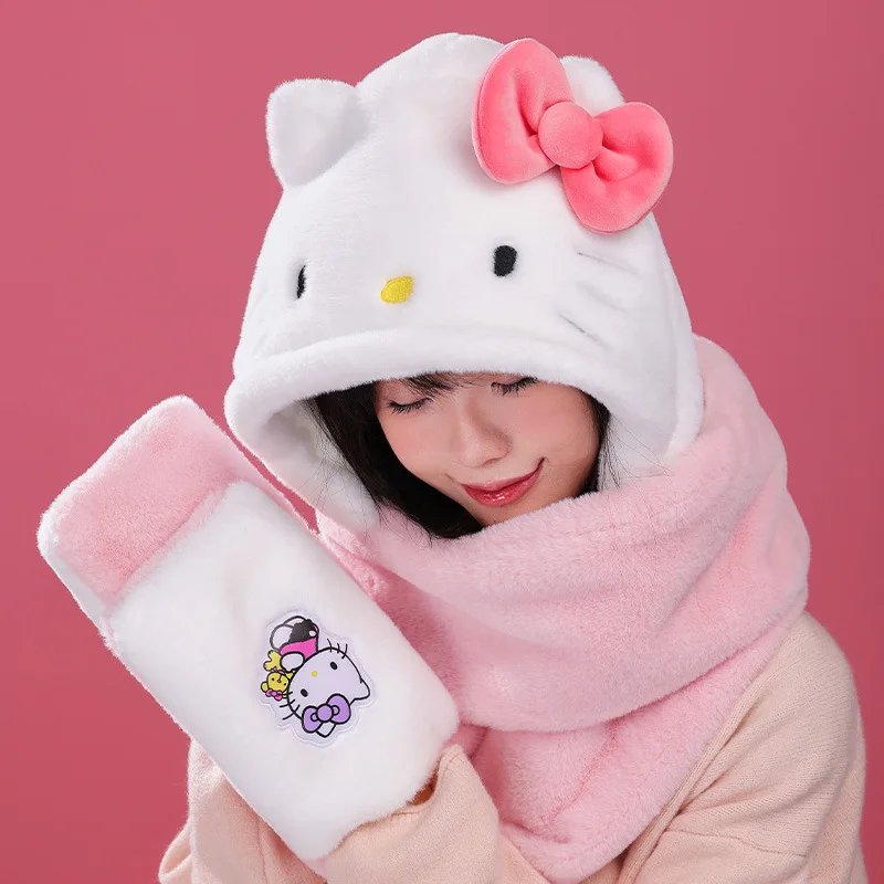 Sanrio Kawaii Three-piece Set Hellokitty Melody Cartoon Warm Plush Gloves One-piece Hooded Thickened Winter Scarf Gift for Women