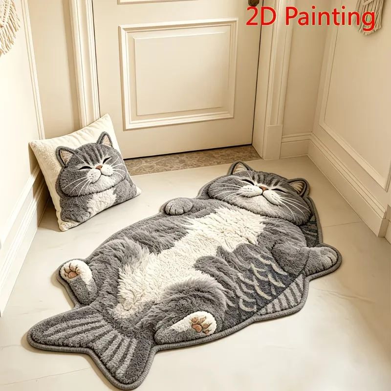 VIKAMA Lying Tabby Cat Shaped Non Slip Floor Mat Soft Water Absorbent Bathroom Bedroom Entrance Home Decor Rug