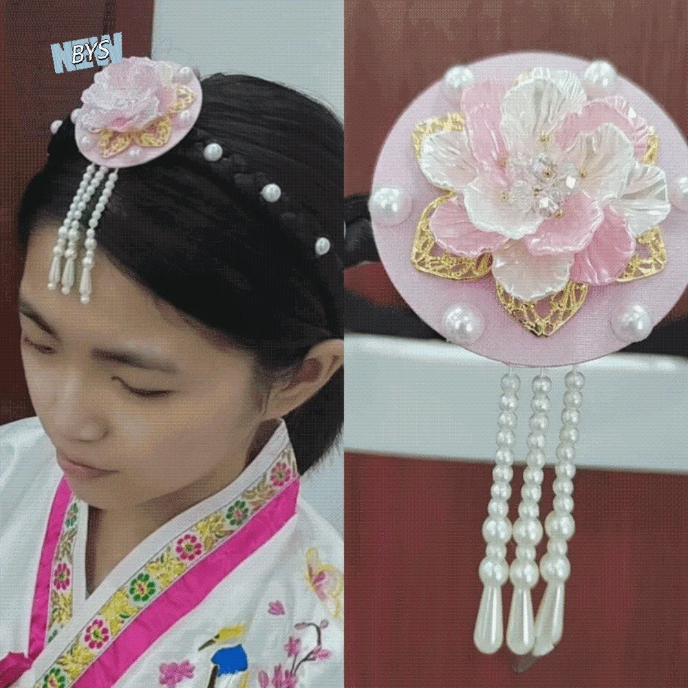 

Sweet Flower Korean Headband Tassels Pearl Hanbok Hairband Traditional Headdress Stage Dance Hair Hoop Girl