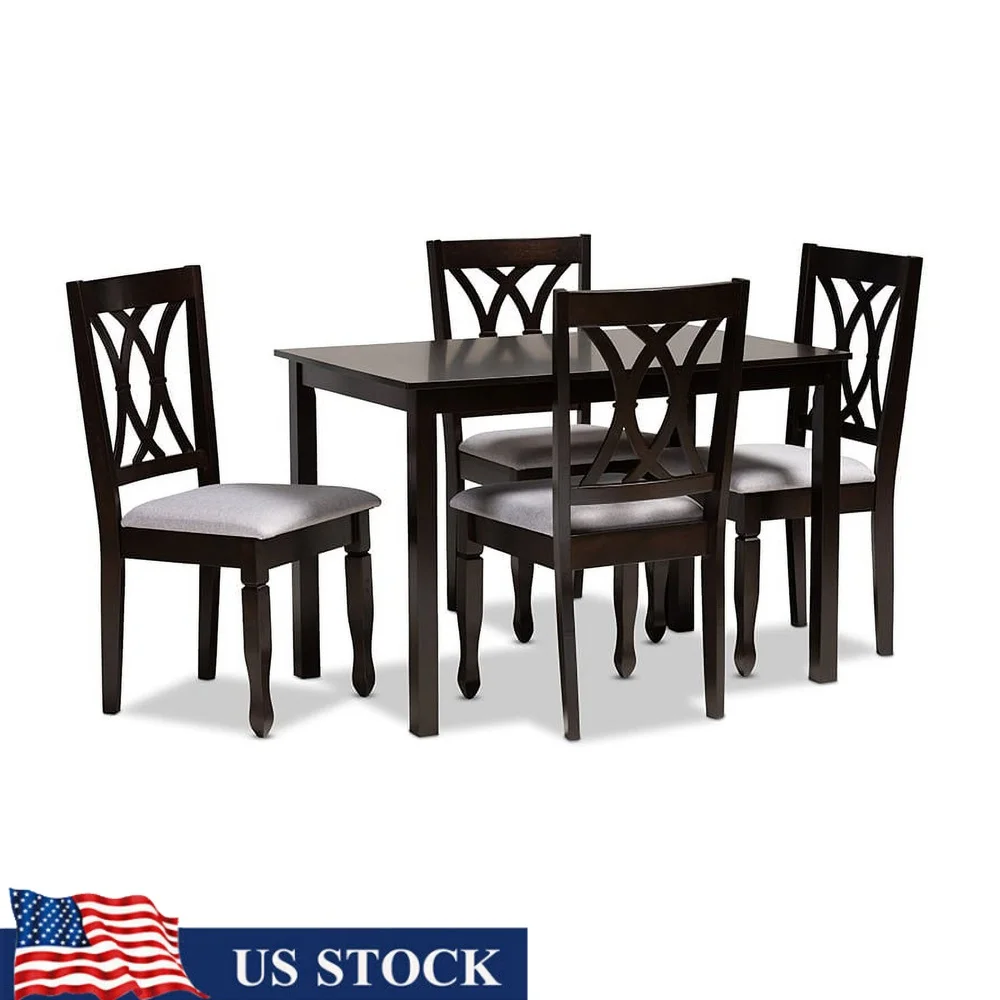 

Современный обеденный набор из 5 предметов. Стол из каучукового дерева и 4 стула. Серая мягкая конструкция с вырезами на спине. Требуется сборка мебели для дома.