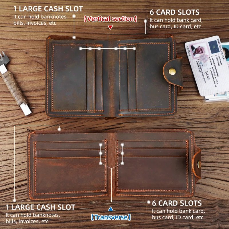 Vintage Genuine Leather Men's Card Wallet Handmade Cowhide Card Slot Money Bag For Male Simple Bifold Short Wallet Brown