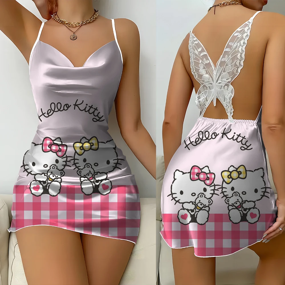 Summer satin home dress Hello Kitty print women casual sexy suspender lace backless butterfly comfortable nightdress