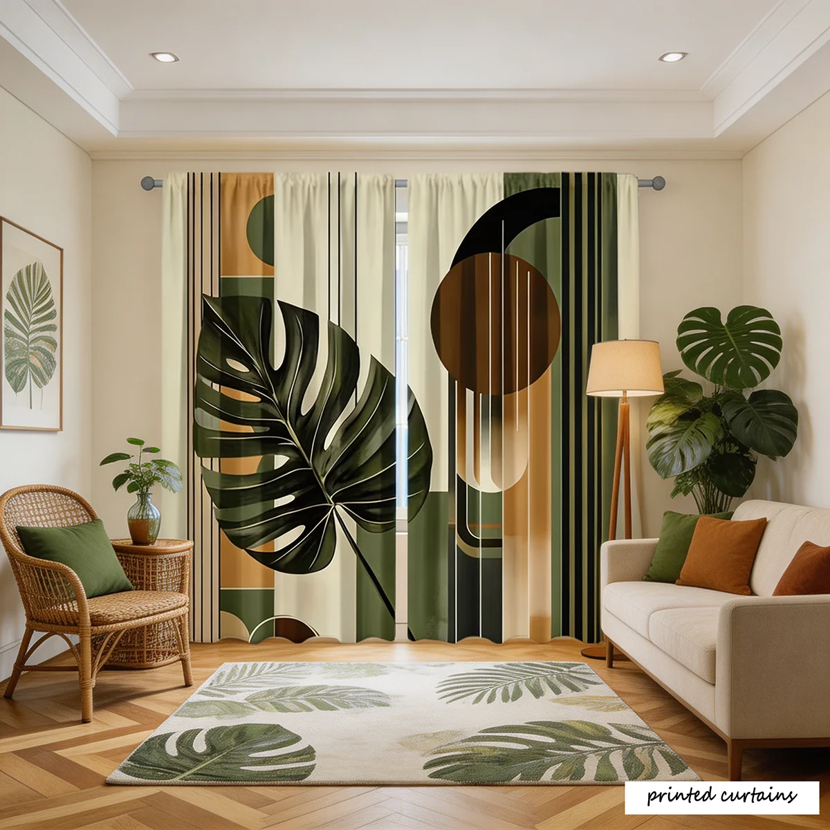 2pcs Mid Century Modern Palm Leaf Curtains Boho Geometric Window Drapes Abstract Botanical Art Decor Living Room Bedroom