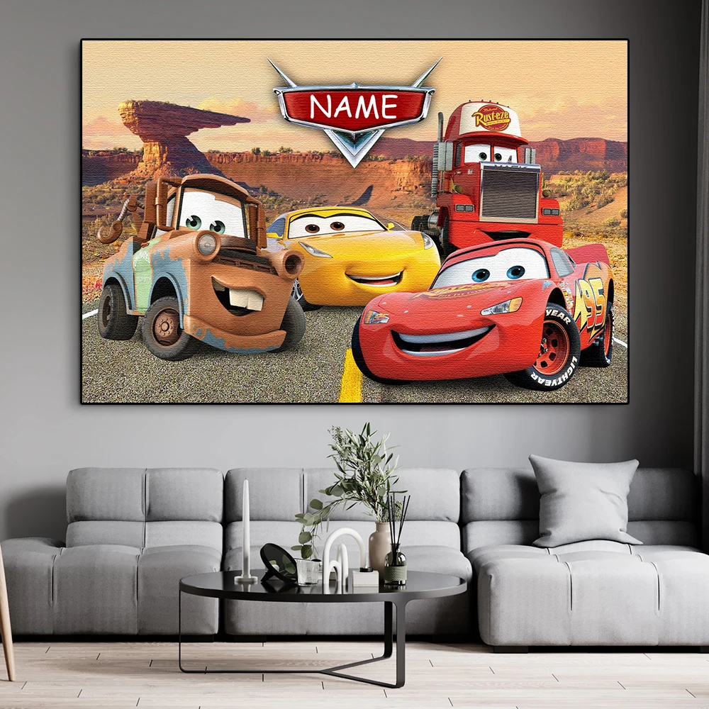 Personalized Disney Cars Name Custom Poster And Print Cartoon Comic Lightning Mcqueen Canvas Painting Wall Art Kids Room Decor