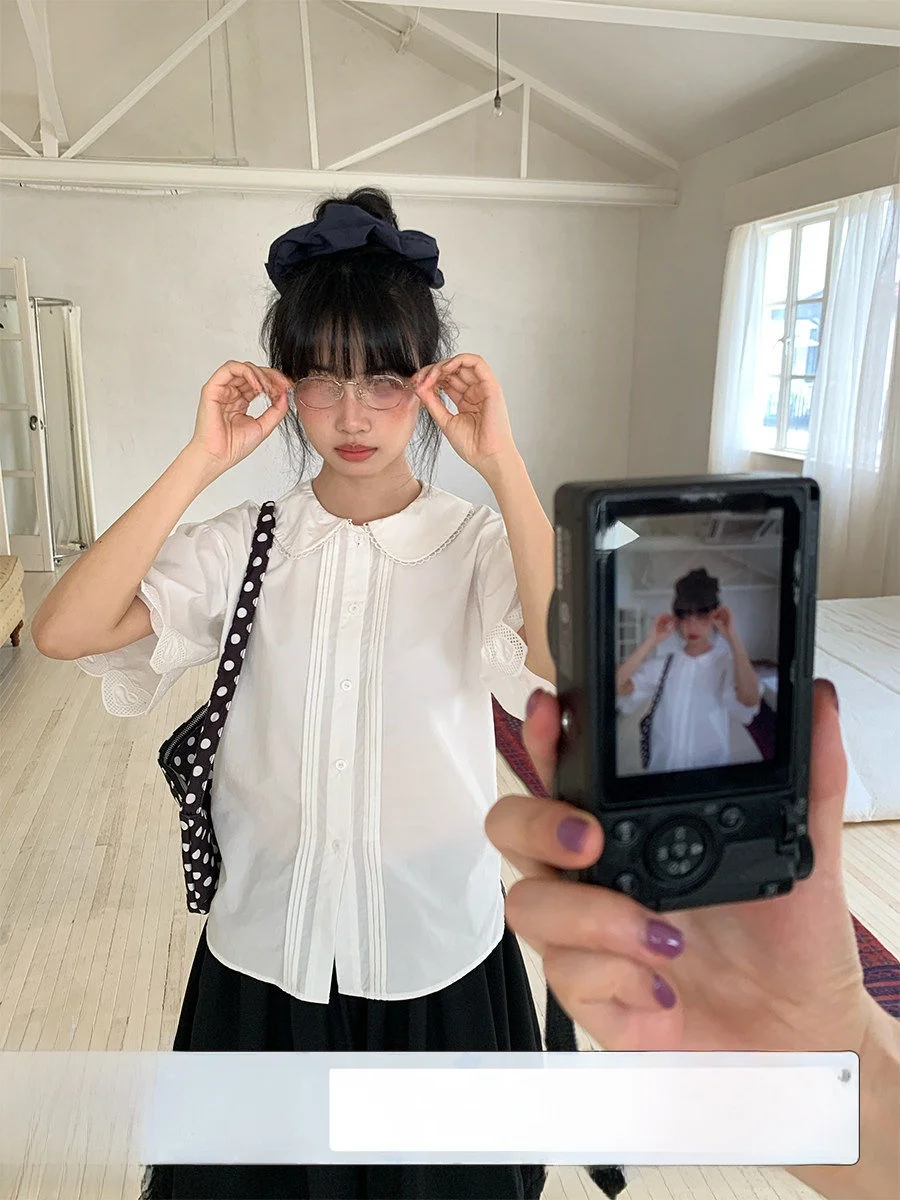 

Holid Map "White Pigeon" Japanese Sle Casual Embroidered Loose Fit Doll Collar ort Sve irt Women's Faion Summer Co...