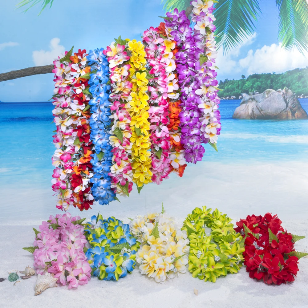 Sztuczny jedwab Plumeria kwiat hawaje Lei Hula kostiumy do tańca dla hawajskich dziewcząt 110CM festiwal specjalne wydarzenie wieniec KN-HL007