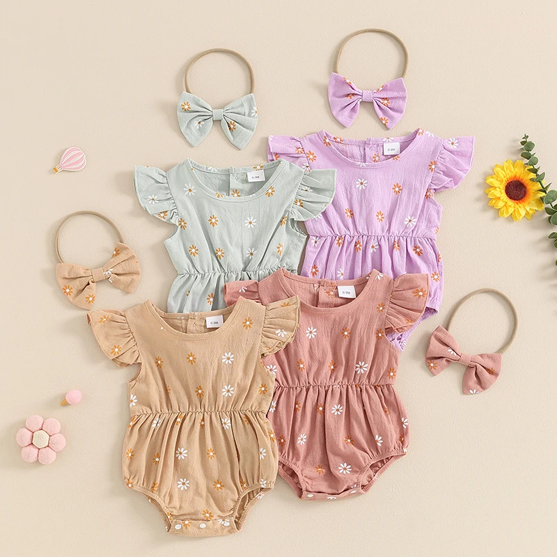 

Tregren 0-18M Newborn Baby Girl Romper Fly Sleeve Daisy Print Round Neck Bodysuit with Headband 2pcs Set Infant Jumpsuit Clothes