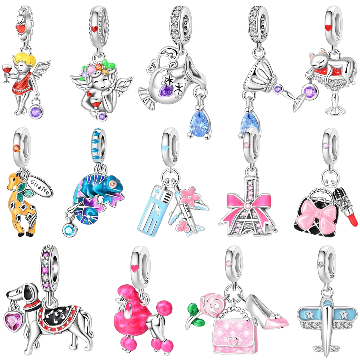 925 Sterling Silver Keychain Travel Wine Glass Angel Giraffe Eiffel Tower Dog Charm Enamel Inlaid Gem DIY Bracelet Gift Jewelry