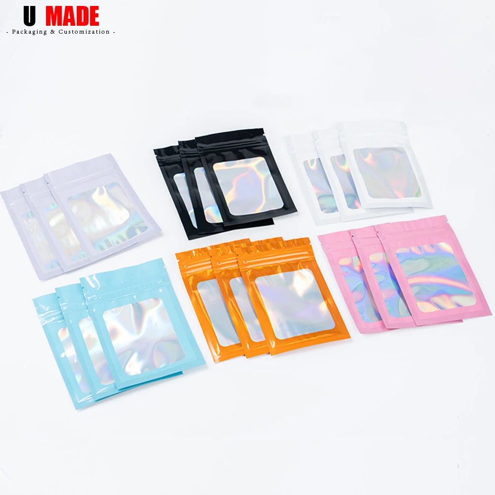 100pcs Custom Mylar Holographic Bags with Logo Personalized Foil Pouch Ziplock Packaging for Small Business Jewelry Food Storage