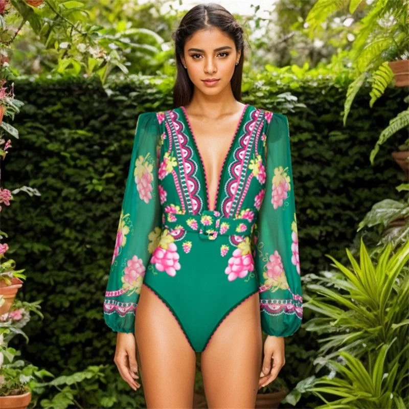 2024 Women Swimwear 2PC Cover-up Swimsuit Ruffle Dongbei Printed Deep V One-piece Monokini Kimono Bikini Suit Summer Beachwear