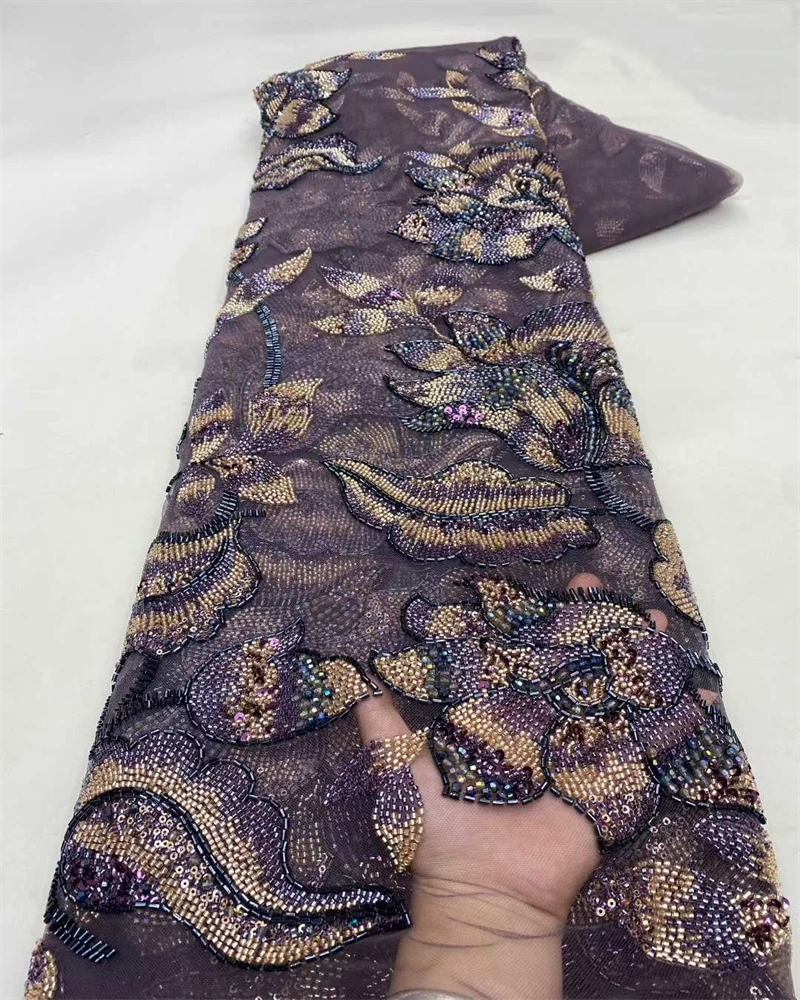 Luxury Nigerian Beaded Lace Fabric with High-Quality Sequins for African Party Dresses Special Occasion Sewing Material