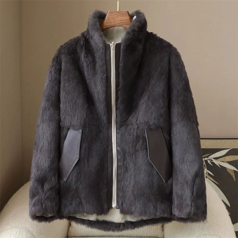2025 High-quality Real Rabbit Hair Fur Parka Women's Autumn Winter Outdoor Coat Two-sided Wear Jacket Loose Outerwear Streetwear