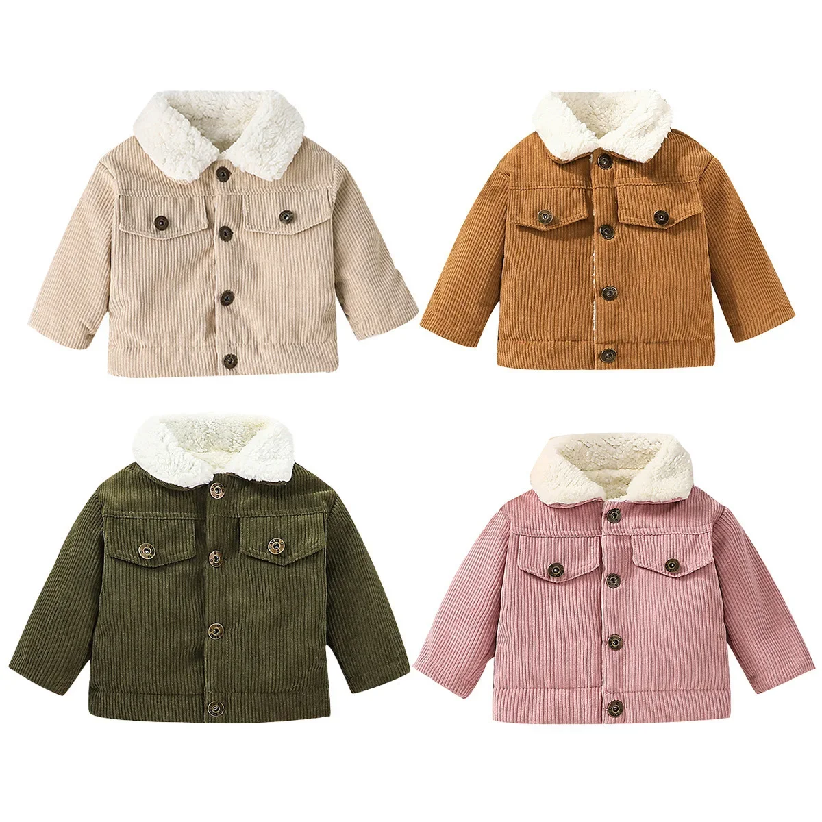 Baby Corduroy Fleece Lined Jacket Toddler Boys Girls Lapel Button Coat Warm Winter Casual Outerwear Kids Photoshoot Cloth ZYD47