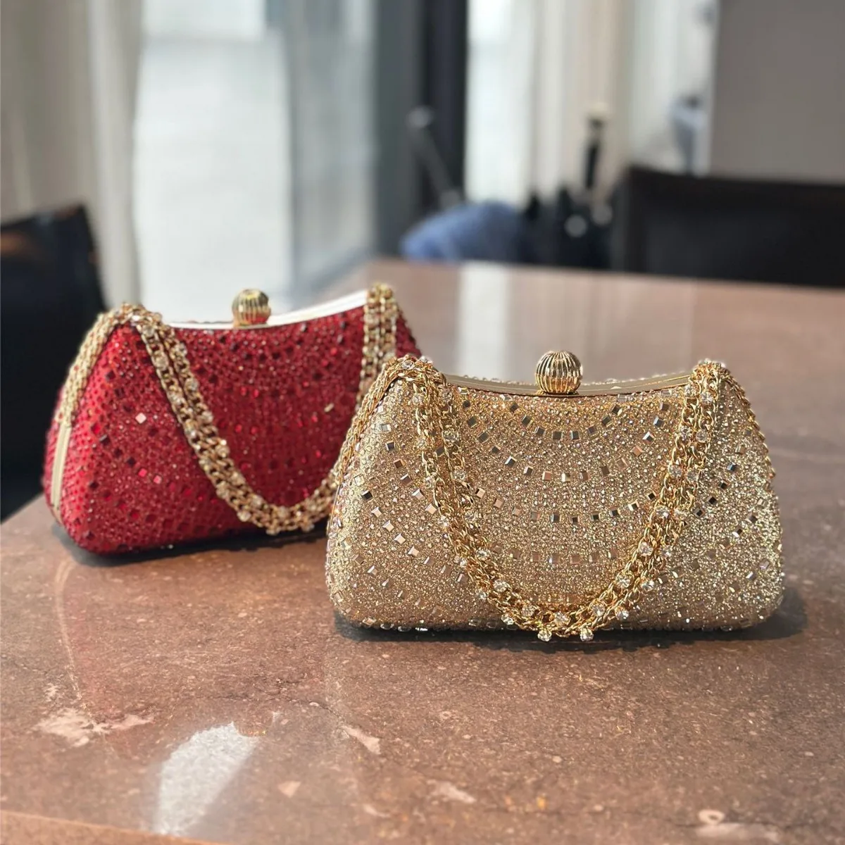 

Luxury Shine Diamond Dinner Evening Bags For Women Wedding Pary Bridal Small Cluches Wine Red Gold Handbags Chain Shoulder Bag