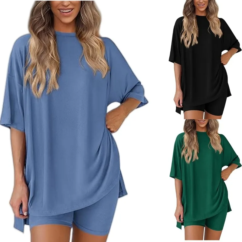 

Loose Short Sleeve round Neck Home Clothes Set for Women New Arrival Casual Style with Side Slits Short Pants