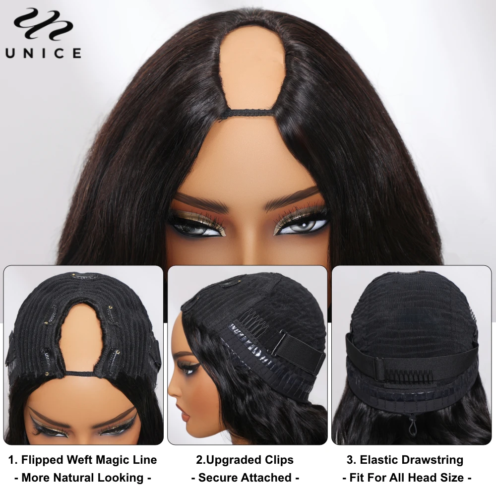 UNICE Hair Upgraded Drawstring Kinky Straight U Part Wig 100% Human Hair Glueless Wig 150% Density Mini Leave-Out Perfect Blend