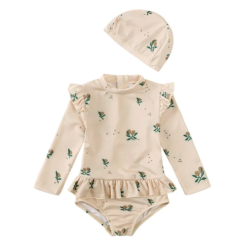 2024 New Summer Children Bikini Swimwear Baby Girls Jumpsuit Swimsuit+Hat Long Sleeved Printing Kids Beach Wear Suit