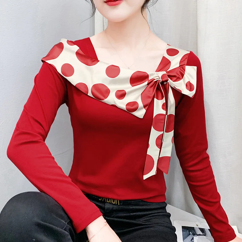 

Осенняя новая женская футболка с квадратным воротником и длинными рукавами, элегантные тонкие лоскутные вязаные сетчатые топы с бантом M-4XL, футболки с оборками