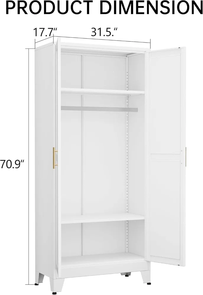 Armadio in metallo Armadio portaoggetti con asta sospesa, armadio guardaroba in metallo da 71 pollici con 2 ante e 2 ripiani regolabili