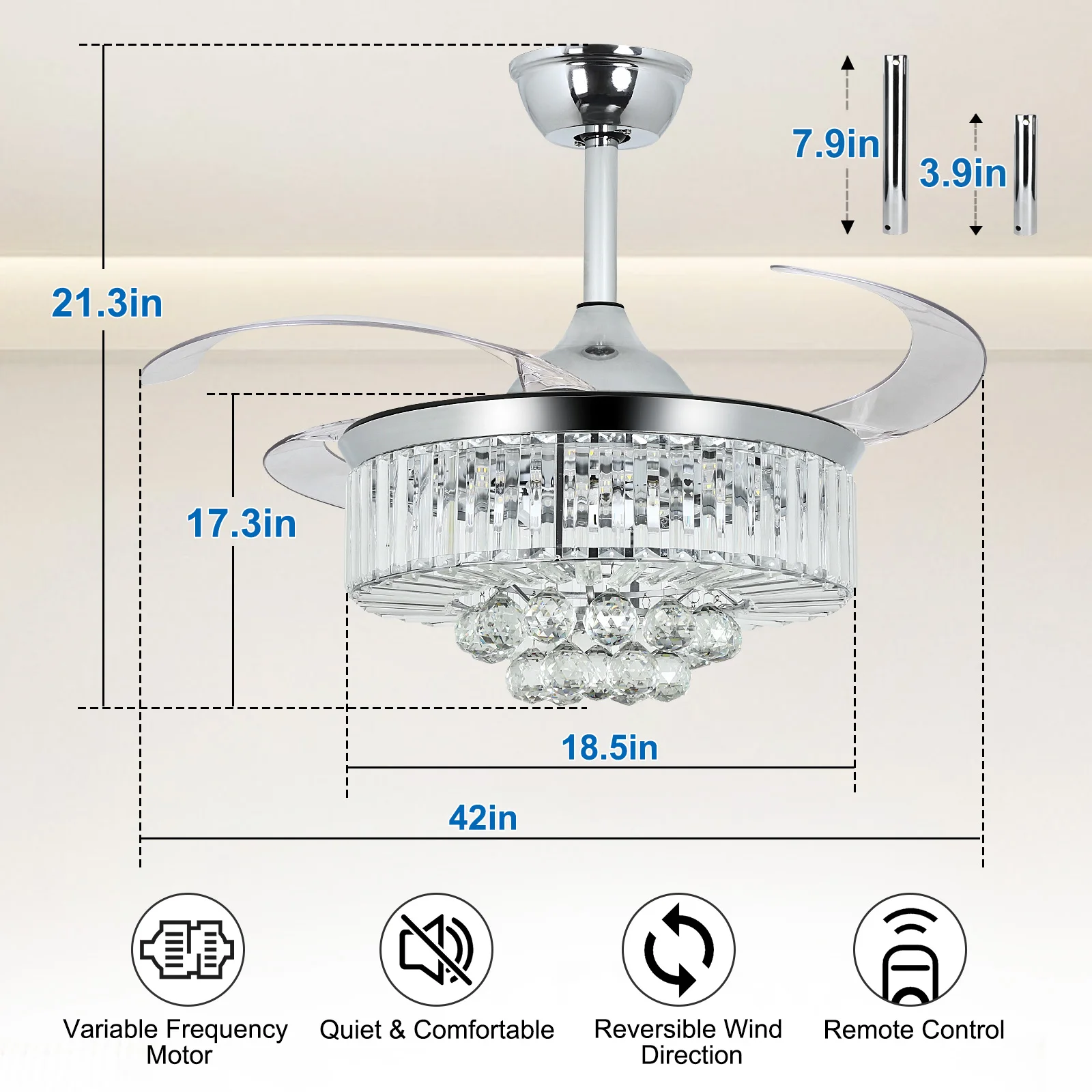 Imagem -04 - Depeley Ventilador de Teto Cristal com Luzes e Mutável Lâminas Invisíveis Reversíveis Led Ventilador Teto Luz do Candelabro para o Quarto