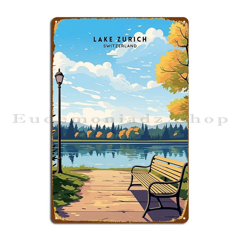 Lake Zurich Waters Швейцария Иллюстрация для путешествий Металлическая табличка Плакат Настенный декор Дизайн Кино Кино Оловянная вывеска Плакат