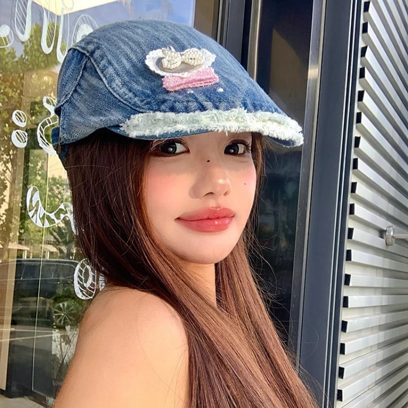 اليابانية الحلو اللؤلؤ القوس تصميم غسلها الدنيم إلى الأمام قبعة المرأة الصيف تنفس تنوعا ظلة شقة أعلى بلغت ذروتها قبعة #3