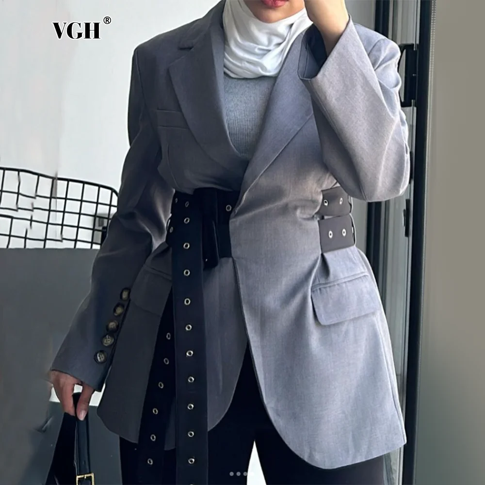 VGH Patchwork Belt Elegant Blazers For Women Notched Collar Long Sleeve Spliced Button Slimming Solid Blazer Female Style New